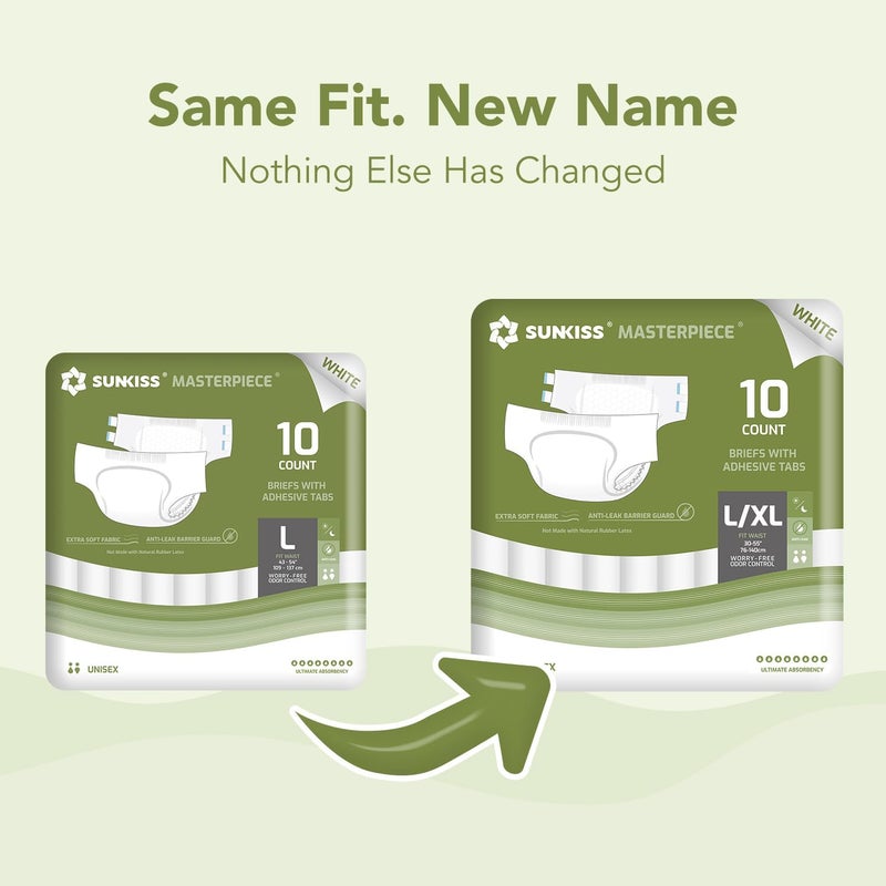 SUNKISS Masterpiece Adult Diapers with Tabs, Unisex Disposable Incontinence Briefs for Women and Men, Odor Control, White, Large/XLarge, Previously Large, 10 Count - Image 4